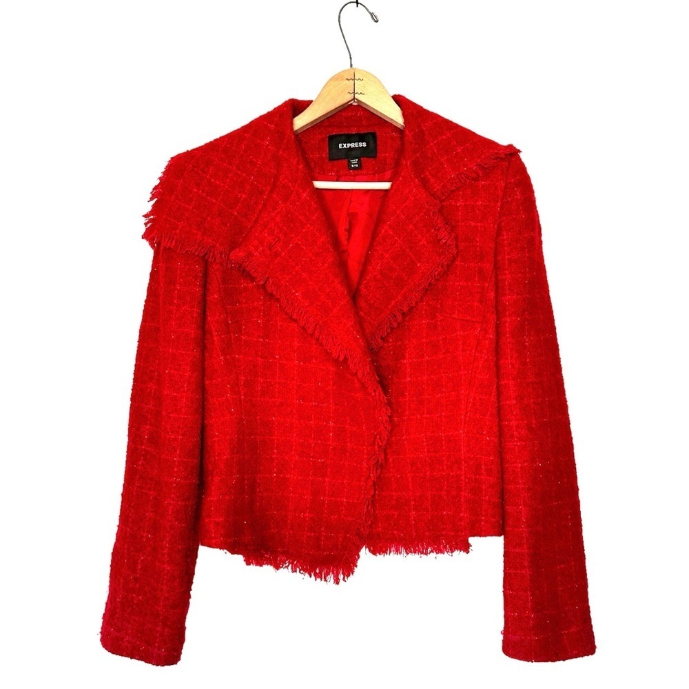 Express | Red Silver Metallic Shimmer Tweed Fringe Blazer Size 9/10